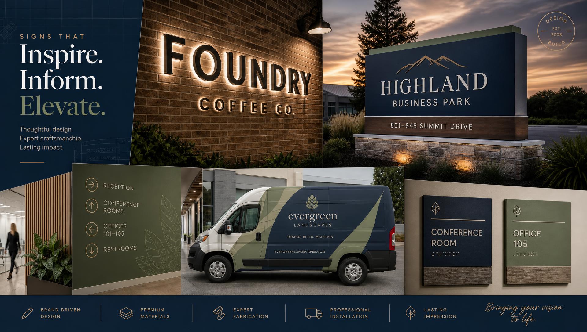 Professional signage design collage showing illuminated channel letters, monument signs, wall graphics, vehicle wraps, and interior wayfinding